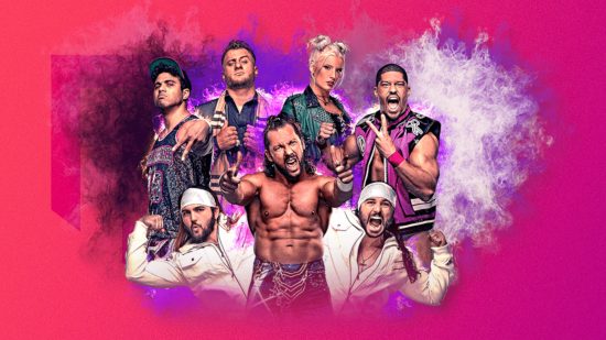 Wrestling games: The AEW roster on a backing of pink and purple smoke, pasted on a bright magenta PT background