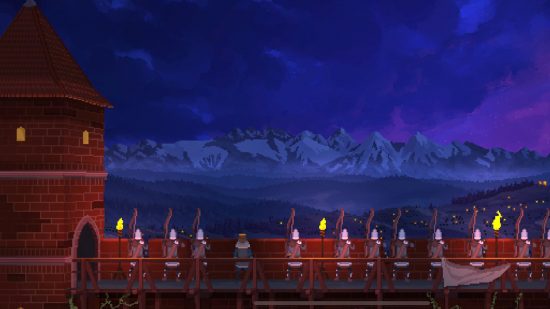 Screenshot from Yes, Your Grace: archers on a castle wall at night with mountains in the background