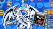 YuGiOh Early Days Collection release: Blue Eyes White Dragon holding an old Japanese GBC cartridge and wearing a party hat. They are pasted on a blurred screenshot of the Master Duel AI presentation