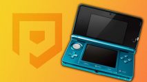 Blue Nintendo 3DS next to yellow Pocket Tactics logo
