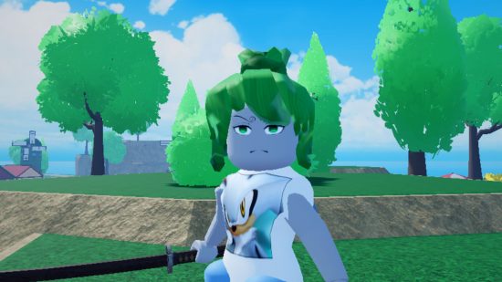 Cursed Sea codes - a character with green hair standing in a park