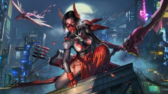 Cyber Rebellion tier list - woman wearing a devil mask on a rooftop at night