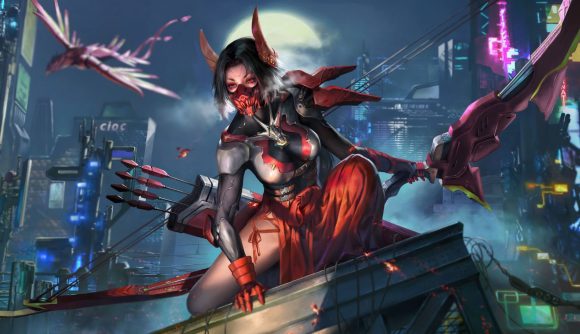 Cyber Rebellion tier list - woman wearing a devil mask on a rooftop at night