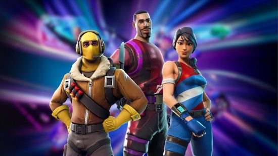 Fortnite login: three characters from the game against a dark background