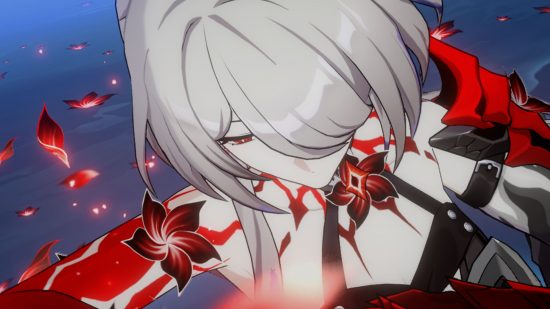 Honkai Star Rail Acheron during her ultimate move where her color palette changes to grey and red
