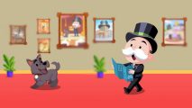 Monopoly Go Monopoly Origins - the monopoly man and his dog strolling through a gallery