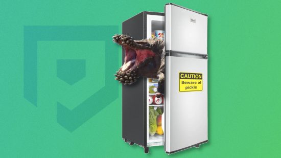 Monster Hunter Now interview - a picture of a Deviljho popping its head out of a fridge with a sign saying 'danger beware of pickle'