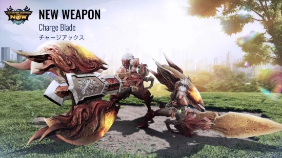 Monster Hunter Now interview - key art showing two player characters wielding the new weapon, charge blade