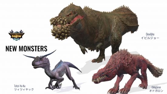 Monster Hunter Now interview - an image showing the three monsters coming in the new update, the Tzitzi-Ya-Ku, the Odogaron, and the Deviljho