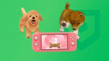 Nintendogs feature - two Nintendogs pawing at a Switch Lite console