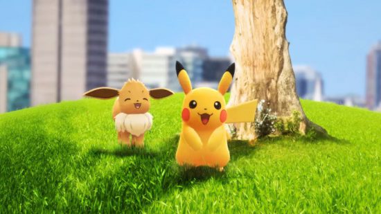 Pokémon Go Fest 2024 - Eevee and Pikachu under a tree