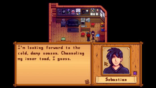 A conversation with Stardew Valley Sebastian in his bedroom about toads