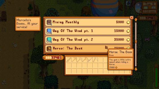 A menu showing the books on offer at the Stardew Valley bookseller 