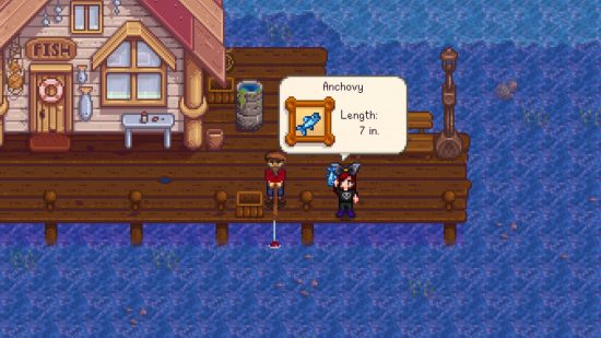 A character catching Stardew Valley fish by the ocean