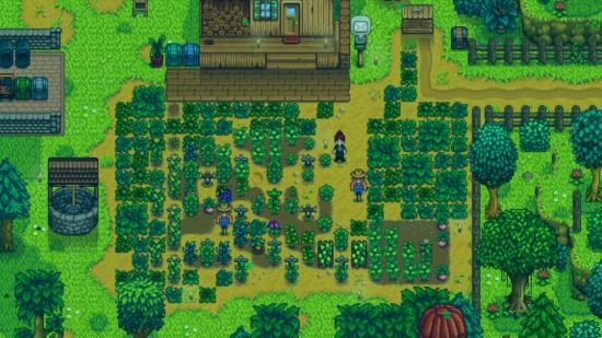 Stardew Valley item codes - a green rain storm on a farm overrun with weeds