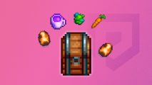 Stardew Valley item codes - items surrounding a chest on a pink background