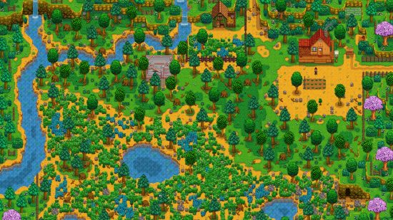 Stardew Valley meadowlands farm layout in the game covered in wood and rocks