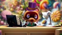 Wonka Experience ACNH - Tom Nook wearing a purple hat while sat at a desk