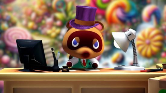 Wonka Experience ACNH - Tom Nook wearing a purple hat while sat at a desk