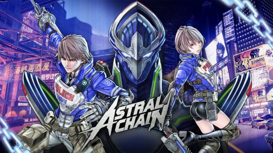 Action games: Astral Chain key art showing the two main character in police uniform while a cybernetic creature looks on