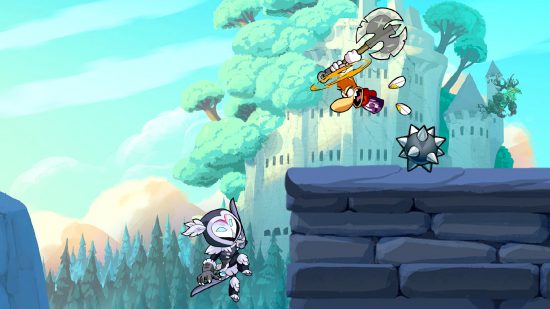 A hooded knight fighting Rayman in Brawlhalla