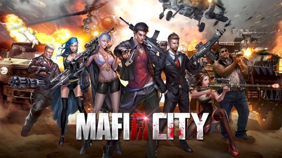 Addictive games: Mafia City. Image shows the game's logo and a bunch of mafia people.