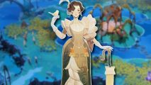 AFK Journey tier list: Vala in her light dress outlined in white and pasted on a blurred PC game screenshot