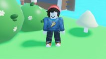 Anime Attackers Simulator codes: an avatar in a pizza jumper and red beanie stood on grass in front of a bush, mushroom, and water