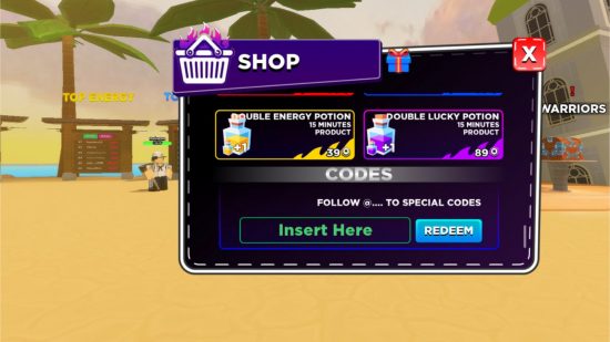 Anime Dreams Simulator codes redemption screen showing where to redeem codes in front of a desert and palm trees