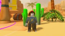 Anime Dreams Simulator codes screenshot showing an avatar in a pizza jumper and red beanie in a desert in front of two cactus', a barrel, and palm tree