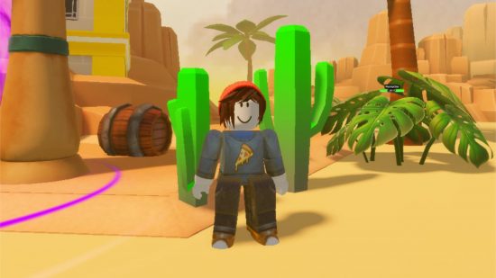 Anime Dreams Simulator codes screenshot showing an avatar in a pizza jumper and red beanie in a desert in front of two cactus', a barrel, and palm tree
