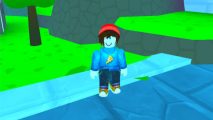 Anime Fusion X codes - an avatar in a red beanie and Pizza jumper stood on a slab in front of a green field