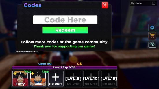 Anime Rangers codes redemption screen showing the codes bar with the characters below it