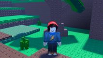 Anime RNG codes - an avatar in a red beanie and a blue pizza jumper stood in front of a tree