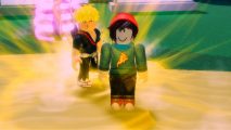 Anime Roulette codes: An avatar in a blue pizza jumper and red beanie stood in front of a ninja surrounded by a yellow glow