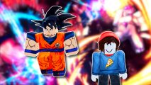 Anime Stars Simulator codes: A Roblox user character next to a Roblox Goku model, outlined in white and pasted on a blurred piece of art from the game