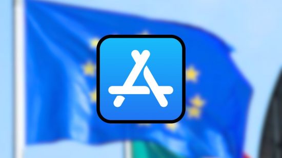 Custom image of the App Store logo over blurred EU flag for Apple EU fine news