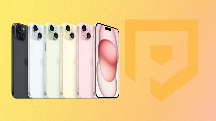 Custom image for Apple page on Pocket Tactics with iPhone 15s on a yellow background