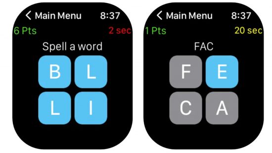 Apple Watch games - two 2x2 grids with different letters highlighted in blue