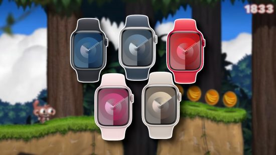 A blurred Apple Watch game with five Apple Watches in focus on the front