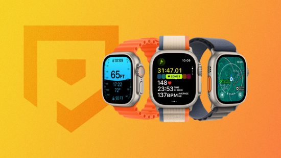 Custom image for news on the Apple Watch Ultra 3 display with three Ultra Watch 2 devices on a yellow background