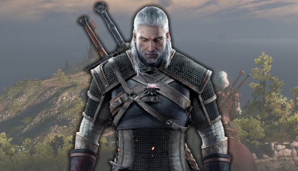 ARPGs: Geralt of Rivia stood in front of a screenshot in which he's sat on Roach looking a lighthouse