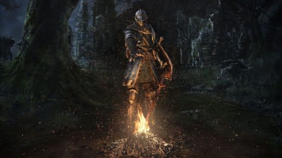 ARPGs: Dark Souls key art showing a knight in armor with their hand over a bonfire