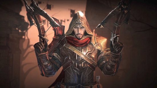 ARPGs: Diablo Immortal character known as a demon hunter, staring ahead while holding two crossbows