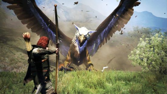 ARPGs: a screenshot from Dragon's Dogma showing off an archer shooting at a huge eagle-like creature in a field