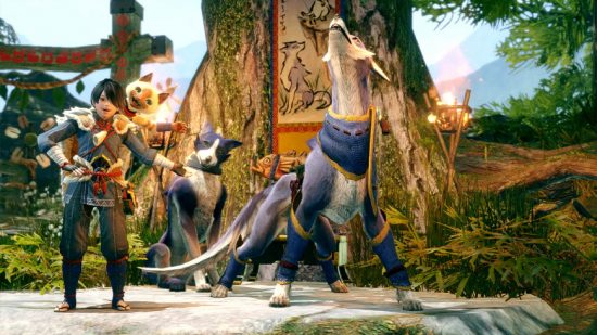 ARPGs: A Monster Hunter Rise screenshot showing a hunter stood next to two wolf-like creatures with the largest beast howling in front of a huge tree trunk