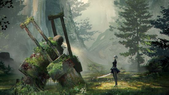 ARPGs: A Nier Automata screenshot in which 2B is stood in front of a machine in the middle of the forest