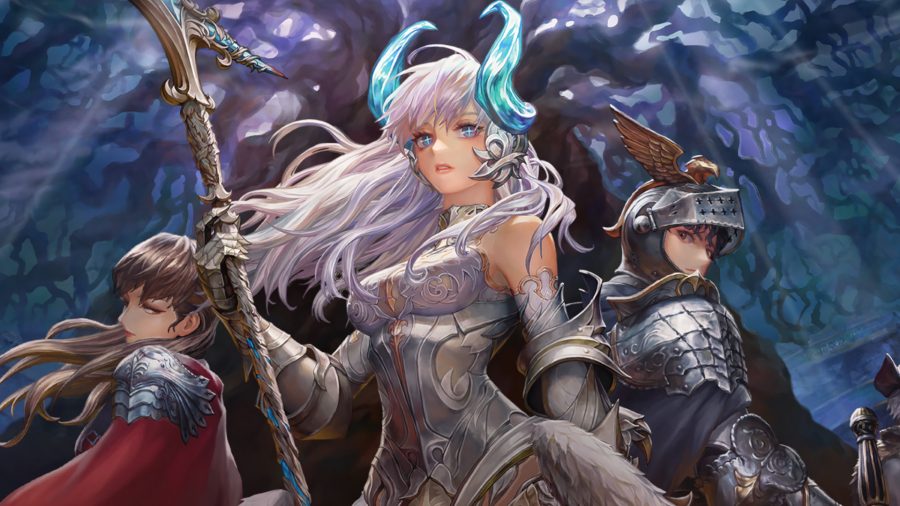 Astra Knights of Veda hero image featuring three fantasy anime characters