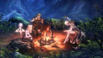 Astra: Knights of Verda key art showing three people sat around a bonfire in the woods