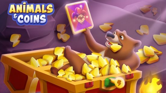 Best iOS games: Animals & Coins. Image shows the game's logo and a bear taking a bath in leaves.